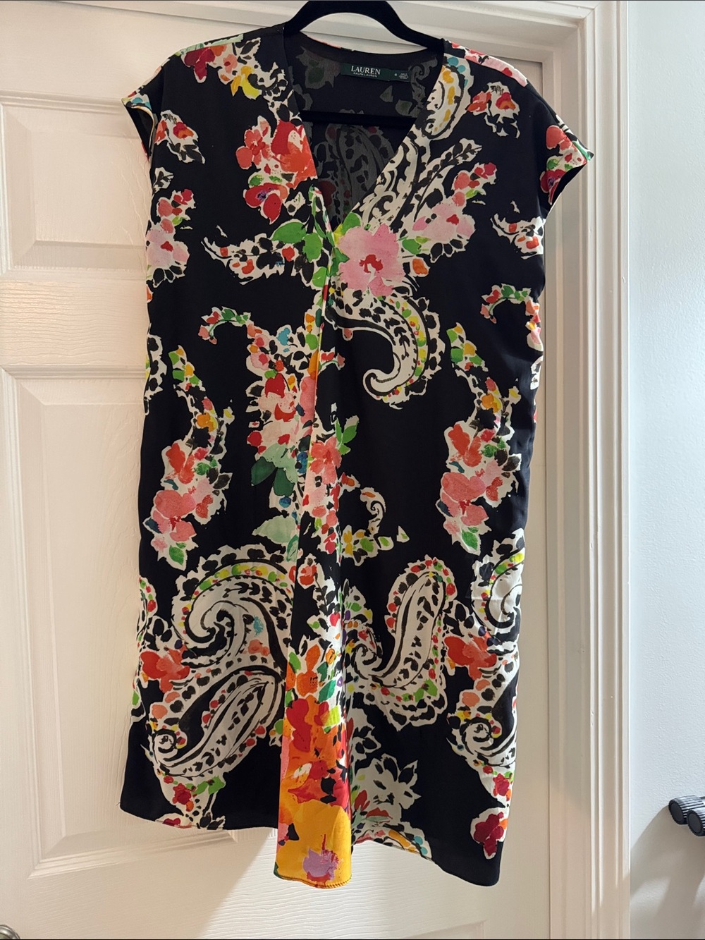 Lauren Ralph Lauren Black Floral Paisley Shift Dress with Multicolor Blooms